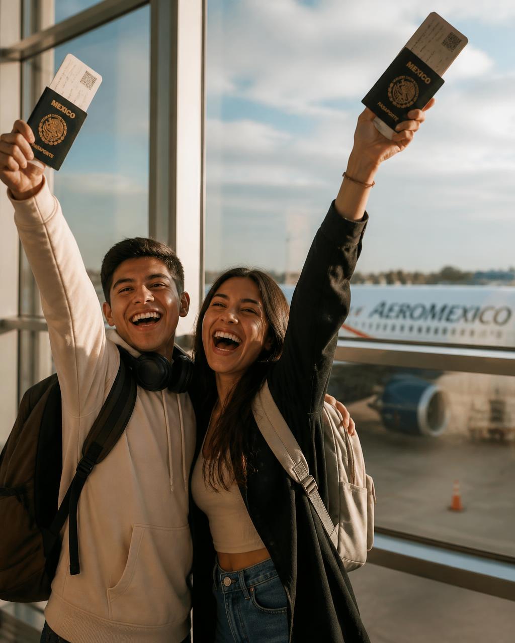 Dos jóvenes celebrando con su pasaporte en el aeropuerto