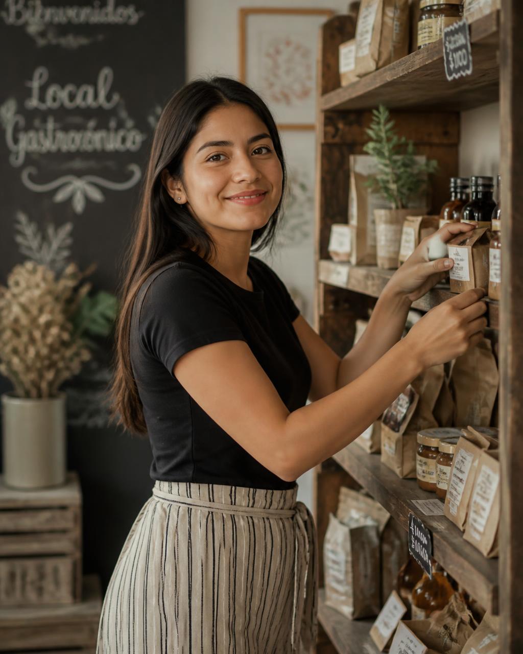 Joven emprendedora acomodando productos en su negocio