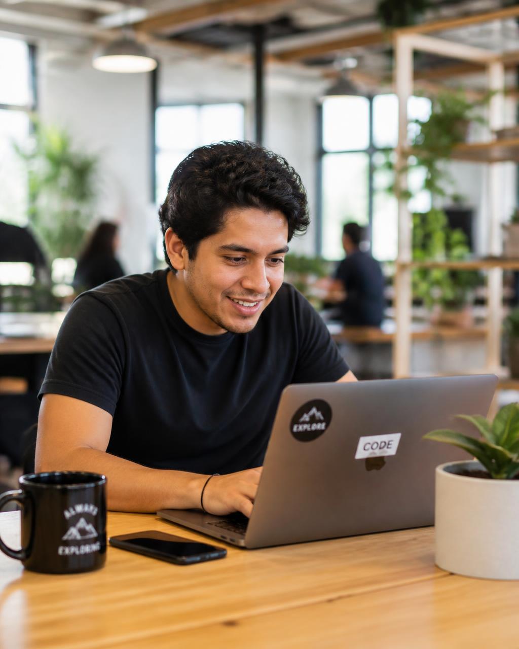 Joven trabajando con su laptop en un espacio de coworking